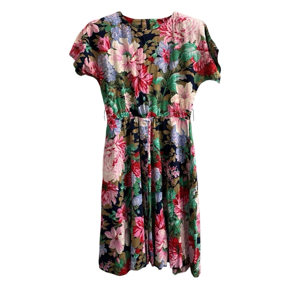 California Looks Dress Womens L Bright Floral Midi Swing Button Down Cottagecore